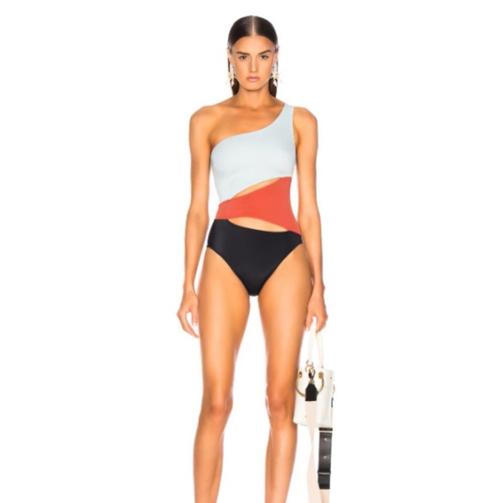 Blue and Red Asymmetrical One-Piece Swimsuit